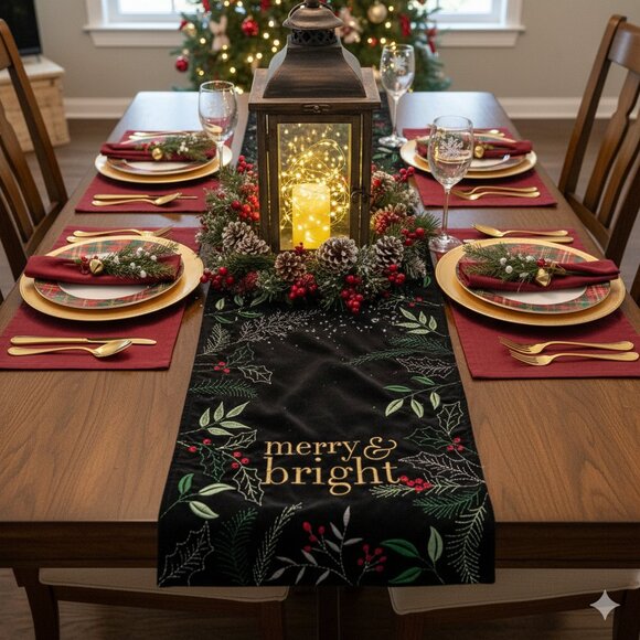 Christmas Table Runner Black Velvet Heavily Embroidered 71” X14” - Picture 1 of 6